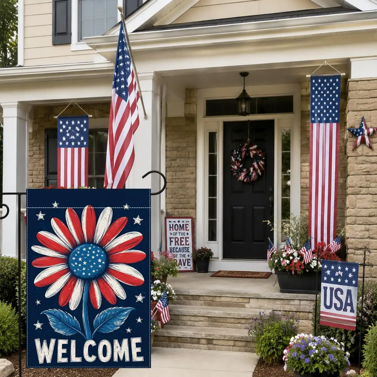 4th of July Patriotic Garden Flag, 12x18 Inch Double-Sided Floral Daisy Welcome Yard Flag for Memorial Day Independence Day  PPZ