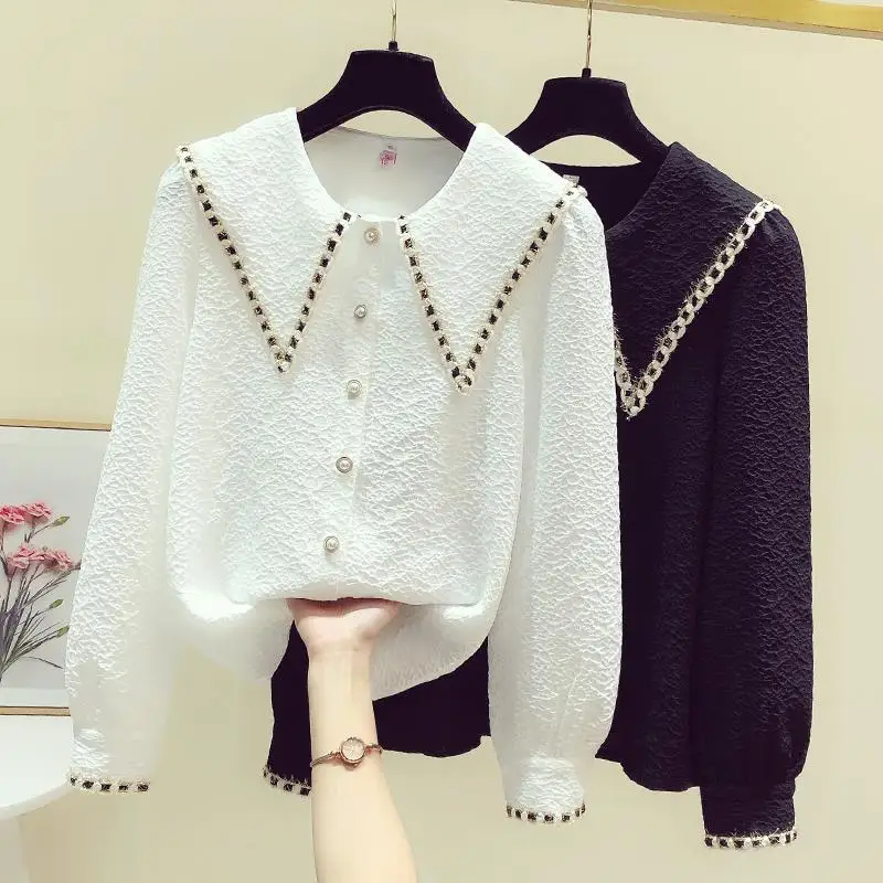 Women Clothing Long Sleeve Contrast Loose Button Blouse Spring Autumn New Solid Loose Fashion Youth Shirt Tops Casual Korean