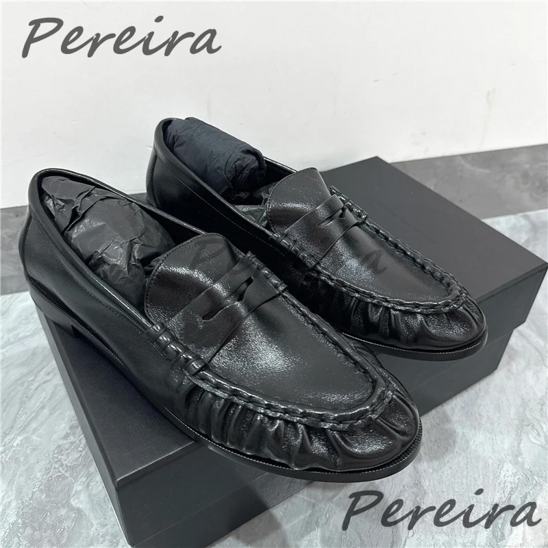

Retro Pleated Genuine Leather Loafers for Men Black Pointed Toe Slip-On Casual Business Shoes Summer Comfort Party Wedding Shoes