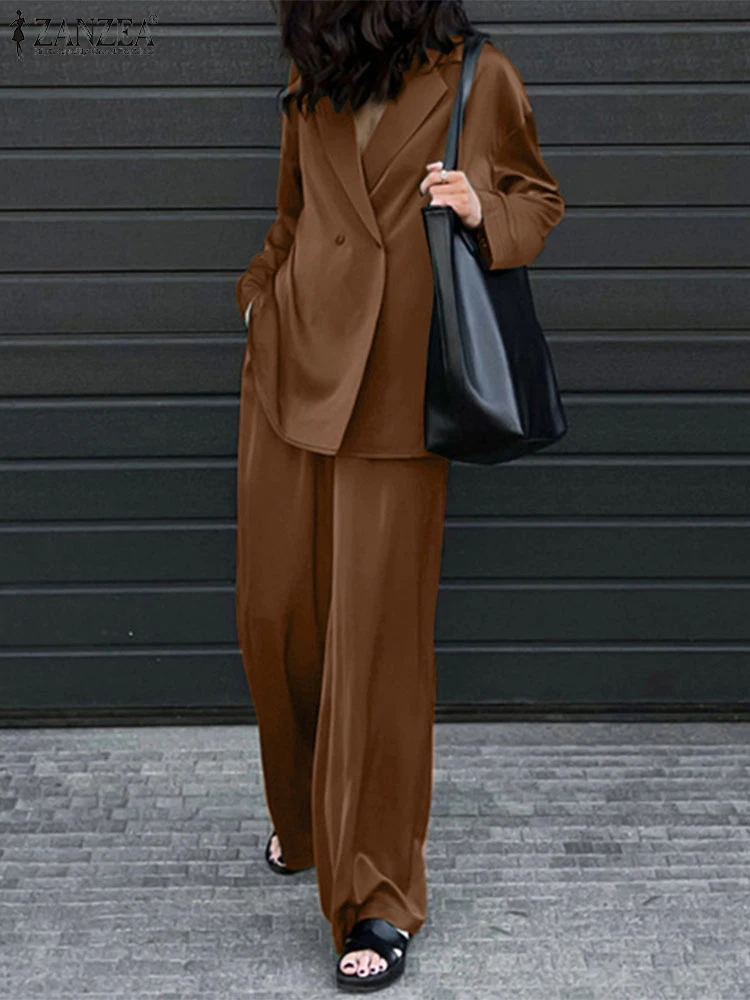 ZANZEA Fashion Women Loose Pants Sets 2025 Long Sleeve Shirts Wide Leg Pants Oversized Office Lady Outfits Tracksuit Streetwears