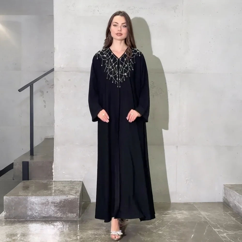 

Elegant Dubai Abayas for Women Diamonds Muslim Evening Dress Kebaya Caftan Marocain Femme Robe Musulmane Jalabiya Black Abaya
