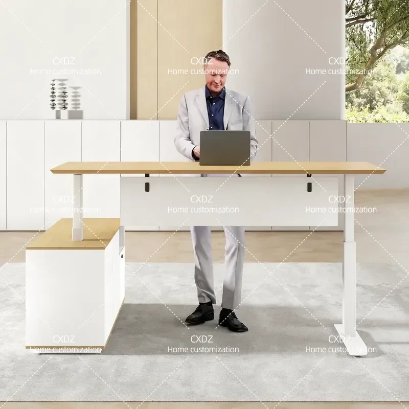 Electric Height Adjustable Desk Wood Grain Finish Modern Executive Office Table with Chair Set Simple Luxury Manager