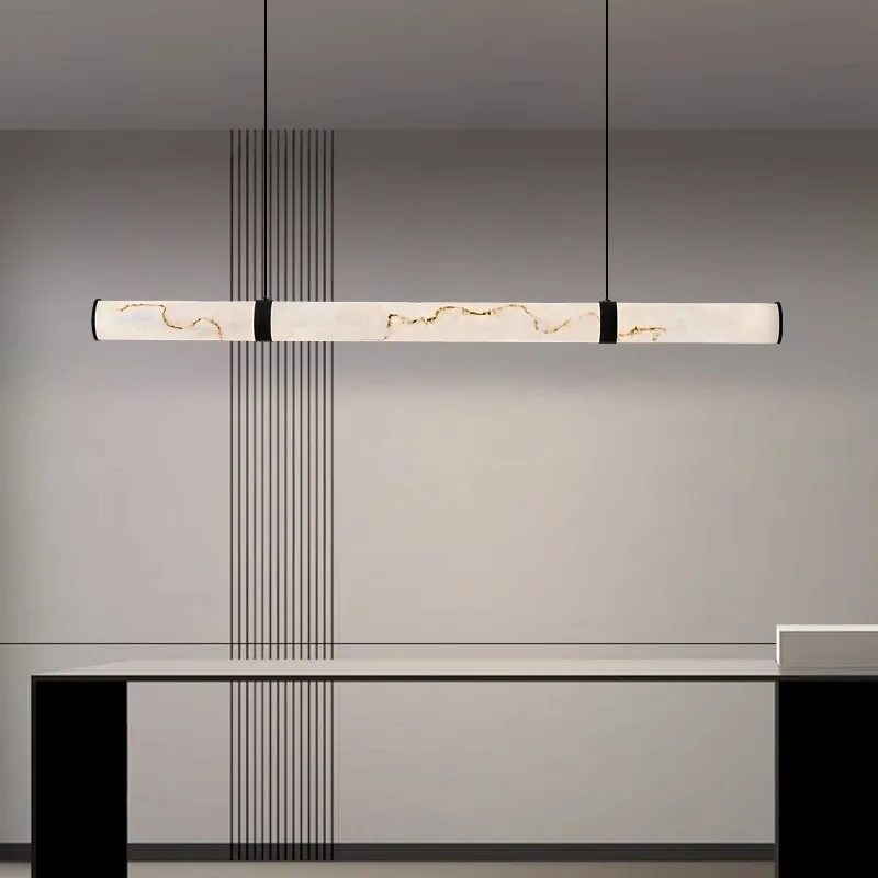 Italian light luxury restaurant chandelier marble all-copper dining table bar island table designer sense of long strip lamps