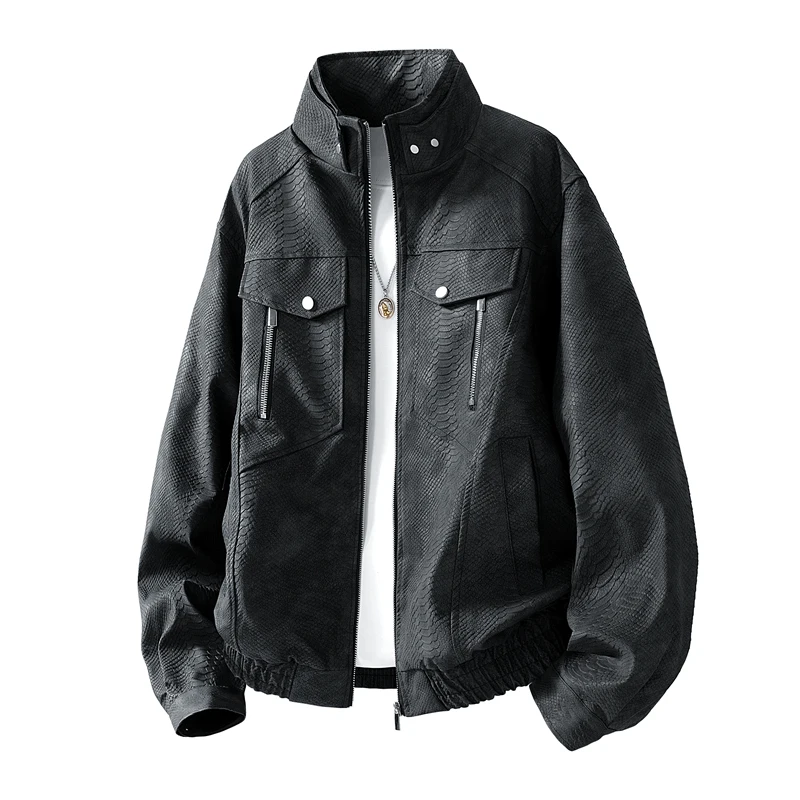 

Мужская куртка из искусственной кожи с воротником-стойкой — рисунок змеиной кожи, застежка-молния и ребристые манжеты, теплая для прохладной погоды в повседневном стиле