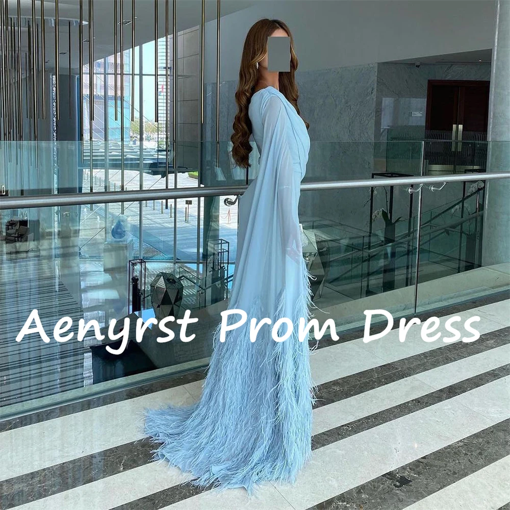 Aenyrst Blue Feathers ชีฟองซาอุดีอาระเบียชุดราตรี Mermaid ข้อเท้า-ความยาวชุดราตรี Elegant Party Gowns ที่กําหนดเองผู้หญิง