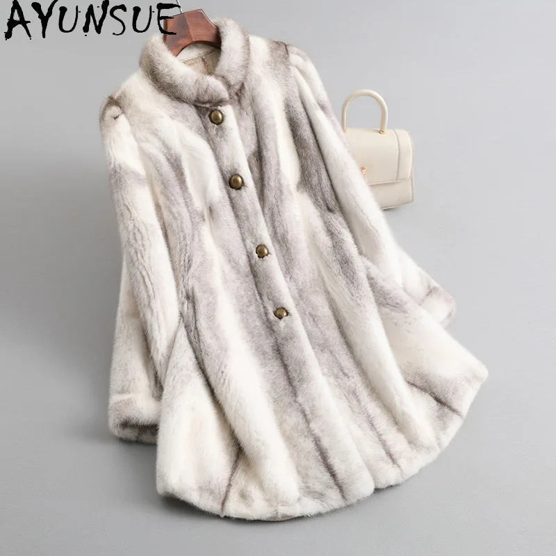 

AYUNSUE 2025 Natural Mink Fur Coat Mid Length Luxury Whole Mink Coat for Woman Clothes High Quality Winter Coats Abrigo Mujer