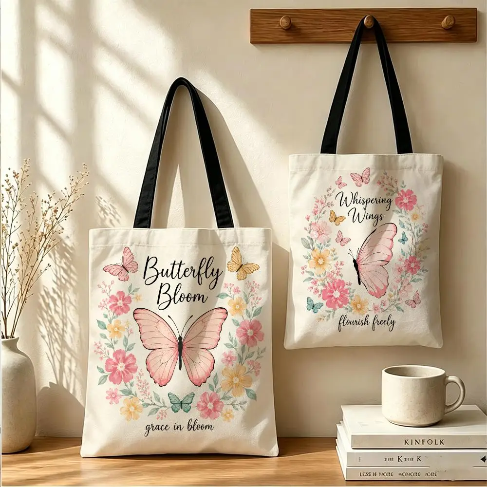 Fearless Butterfly Design Storage Bags Large Capacity Canvas Tote Bag Reusable Shoulder Handbag for Daily Shopping Travel