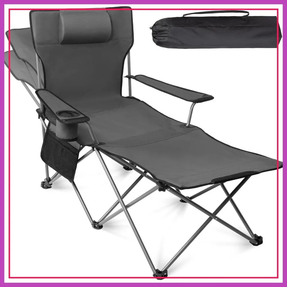 

Reclining Beach Chair, 90-135° Adjustable Backrest Camping Lounge Chair with Foot Rest & Detachable Pillow, Folding 6-Leg, Grey