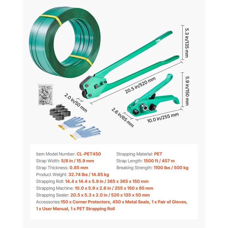 Banding Strapping Kit, Heavy Duty Banding Sealer Tool with 1500 ft PET Band, 450 Metal Seals, 150 Corner Protectors & Gloves, Plastic Pallet Packaging Strapping Kit for Warehouse/Shipping/Moving view 2