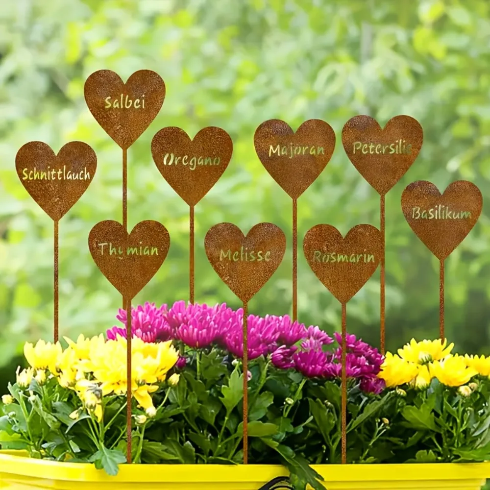 CIFBUY 9Pcs Rustic Metal Heart Garden Stakes Herb Markers Iron Yard Decor for Outdoor Fence Planter Pots Weatherproof Handmade G