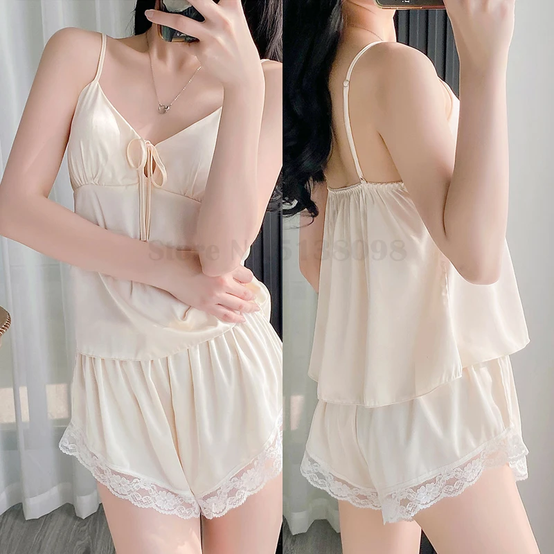 Summer Satin Cami&Shorts Ice Silk Pajamas Women's Sexy Thin Home Clothes Intimate Lingerie Sleepwear Loose Casual Pyjamas