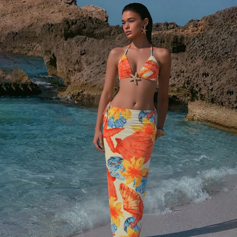 VEITCHE damskie letnie bikini na plażę trzyczęściowy zestaw w stylu wakacyjnym seksowny krótki top wiązany detale kwiatowy nadruk komplet spódnica garnitur