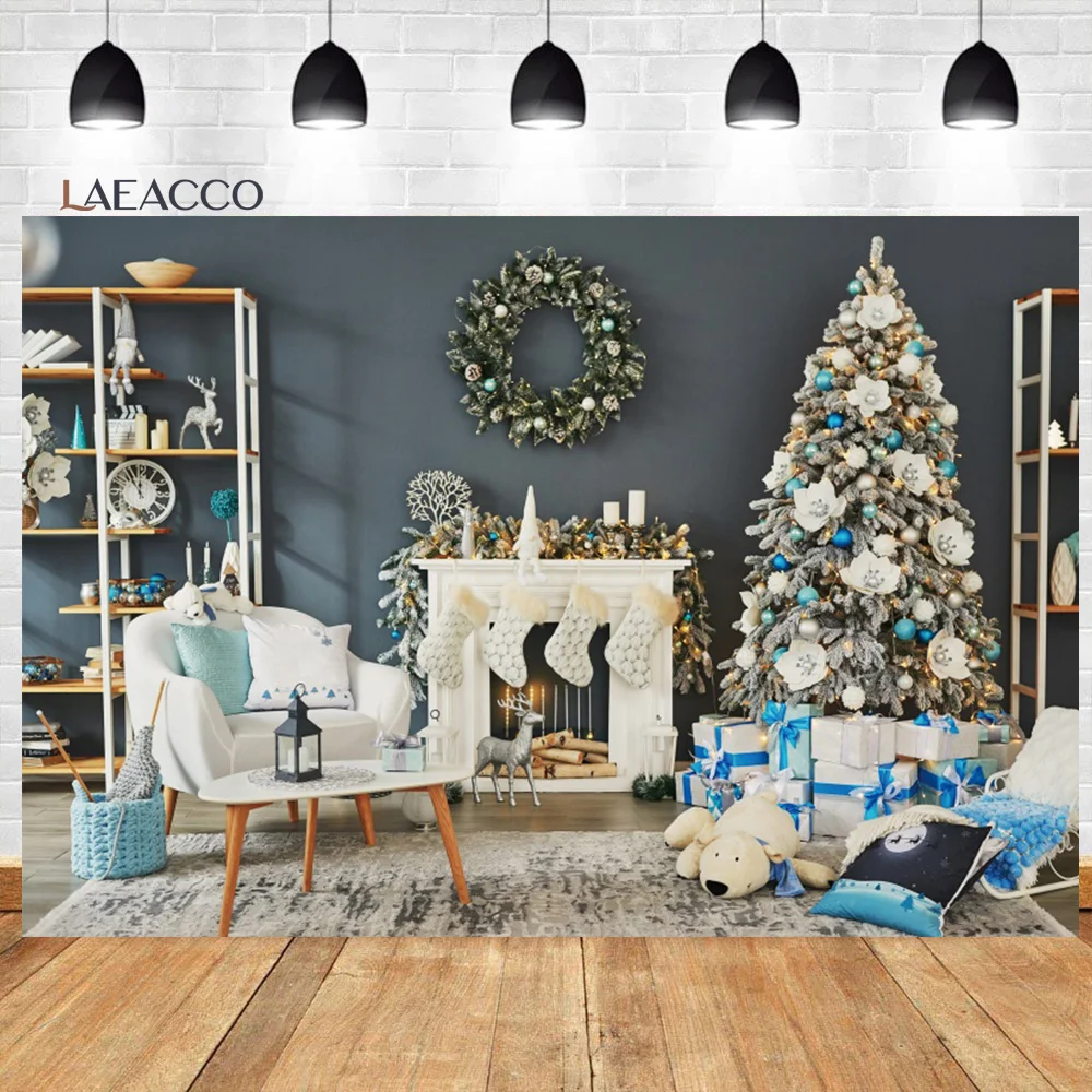 

Laeacco Interior Christmas Photo Backdrop Glitter Xmas Trees Fireplace Teddy Bear Kids Birtday Portrait Photography Background