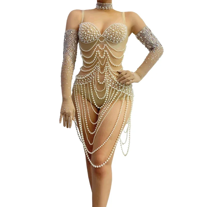Volledige Parels Bodysuit Strass Handschoenen Vrouwen Sexy Pole Dance Gogo Wear Nachtclub Dj Ds Rave Outfit Drag Queen Kostuum XS7390