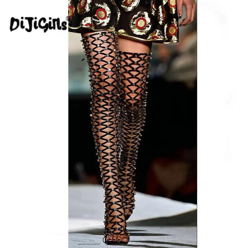 DIJIGIRLS Sexy Rivets Studded Thigh High Sandals Women Summer Gladiator Sandal Boots High Heel Cut Out Over-the-Knee Boots