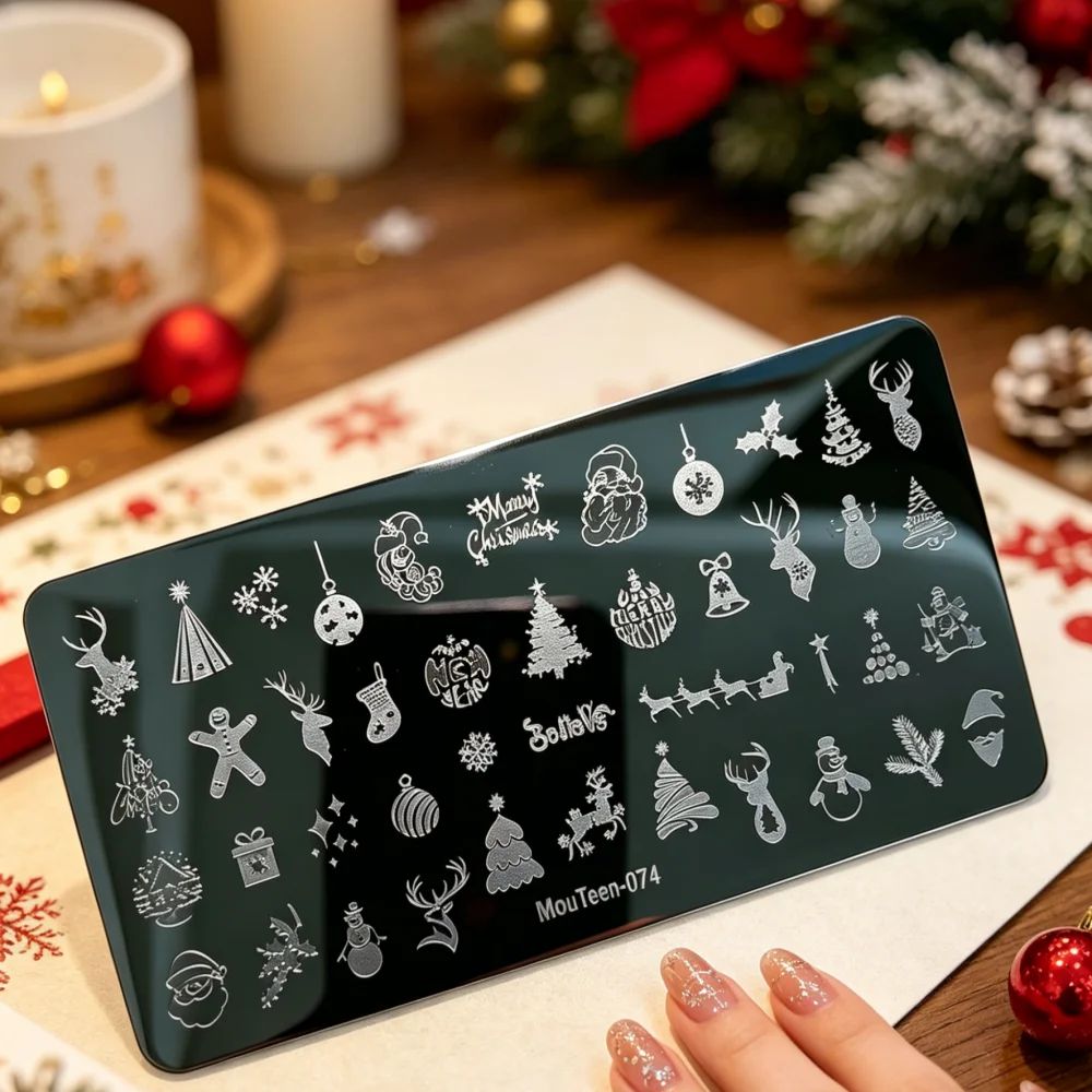 MouTeen 074 Christmas Nail Stamping Plates Stainless Steel Nail Template Santa Claus Snowman Tree Reindeer Nail Stamp Printing