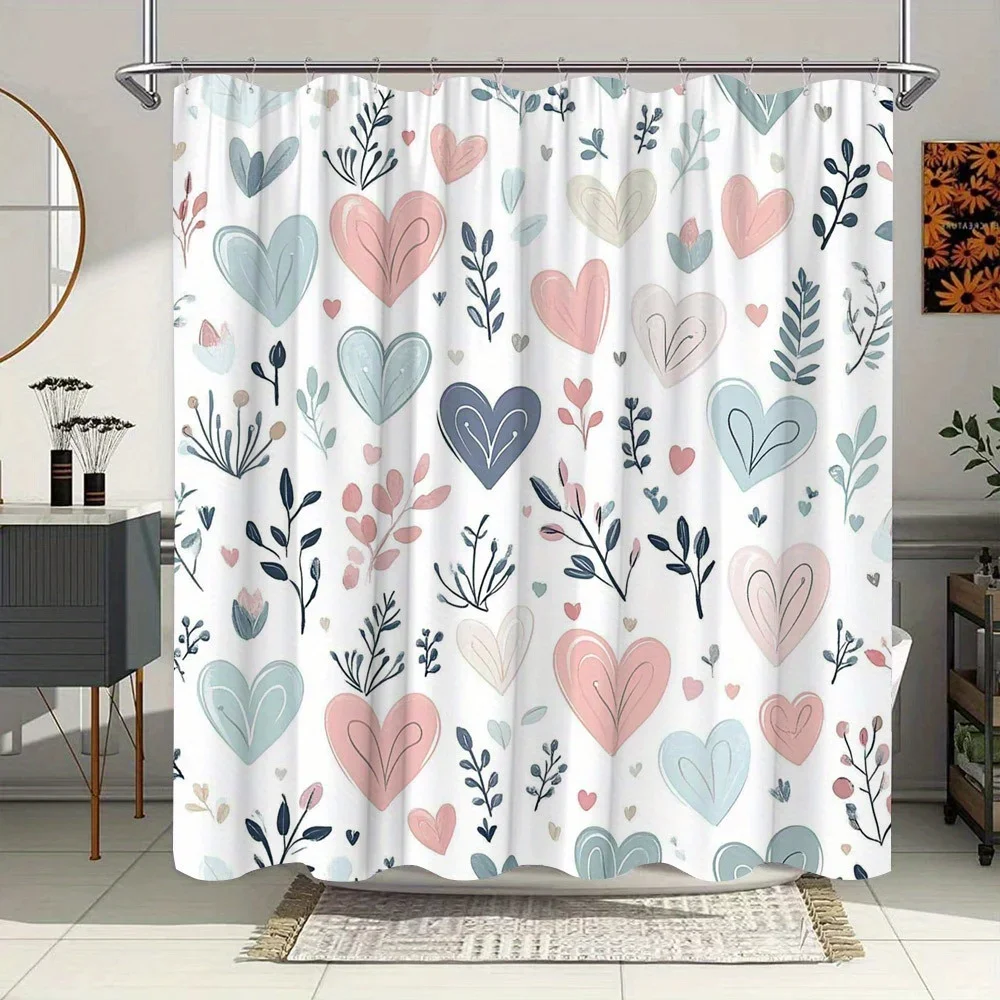 

Занавеска для душа с акварельным сердечком — розовые, синие и бежевые сердечки со стилизованными листьями на белом, прочный полиэстер