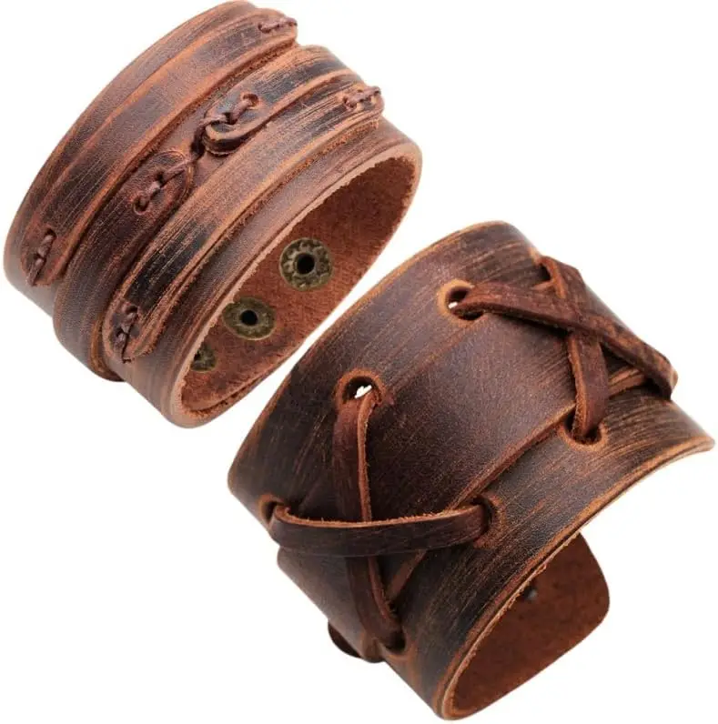 Men Punk Rock Wrap Leather Cuff Bracelet, Retro Vintage Braided Leather Wristbands Gifts for Men Dad Husband Women Handmade