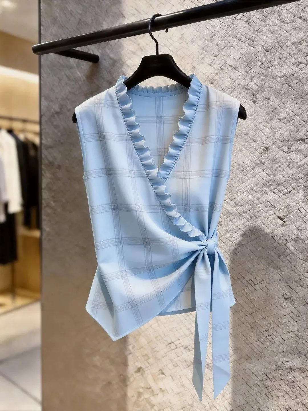 

Korean Style Plaid Belted Sleeveless Vest Summer Ruffle Hem Slimming Gentle Top Women's Fashion Commute Style V-neck Dress