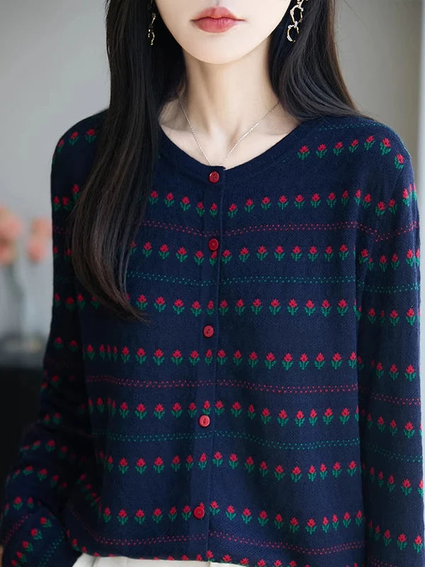 

Thin Knitted Stripe Open Cardigan Outerwear Women's Versatile Early Autumn Sweater Soft Sweet Sle Long Sve round Ne Top