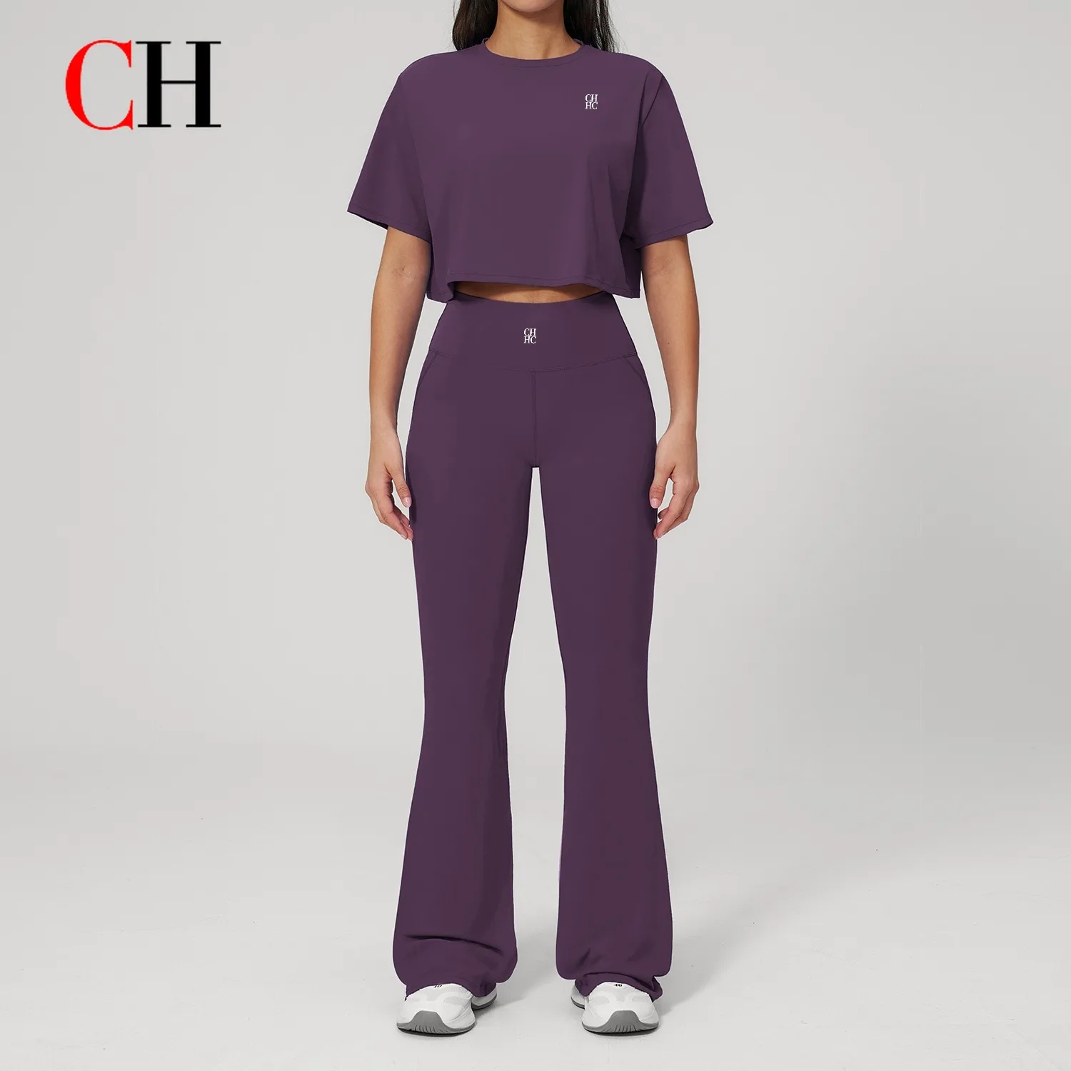 CH Yoga Short Sleeve And Long Pants Set Tight Quick-dry Flared Pants Fitness Wear High-intensity Sports Set Women