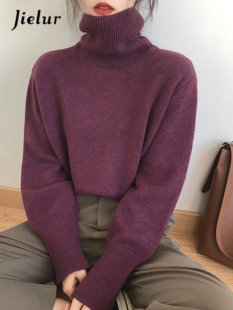 Jielur Ins New Turtleneck Loose Knitting Sweater Female Pullovers Korean Solid Color Casual Slim 8-colors Women Pullovers Green