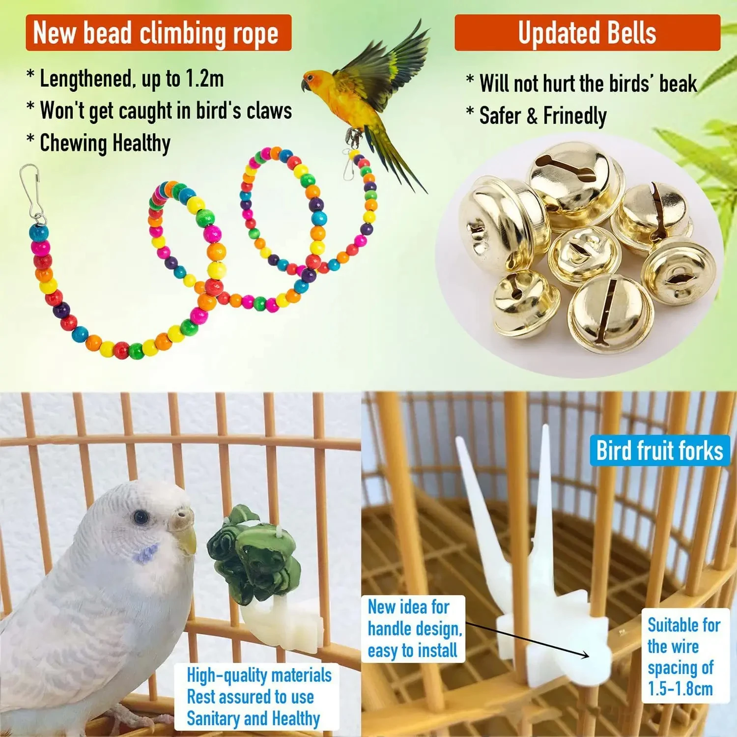 Wooden Bird Cage Toys, Bird Swing, Reliable Chew Bite Bridge, Bead Shape, Parrot Toys, 15 Pcs