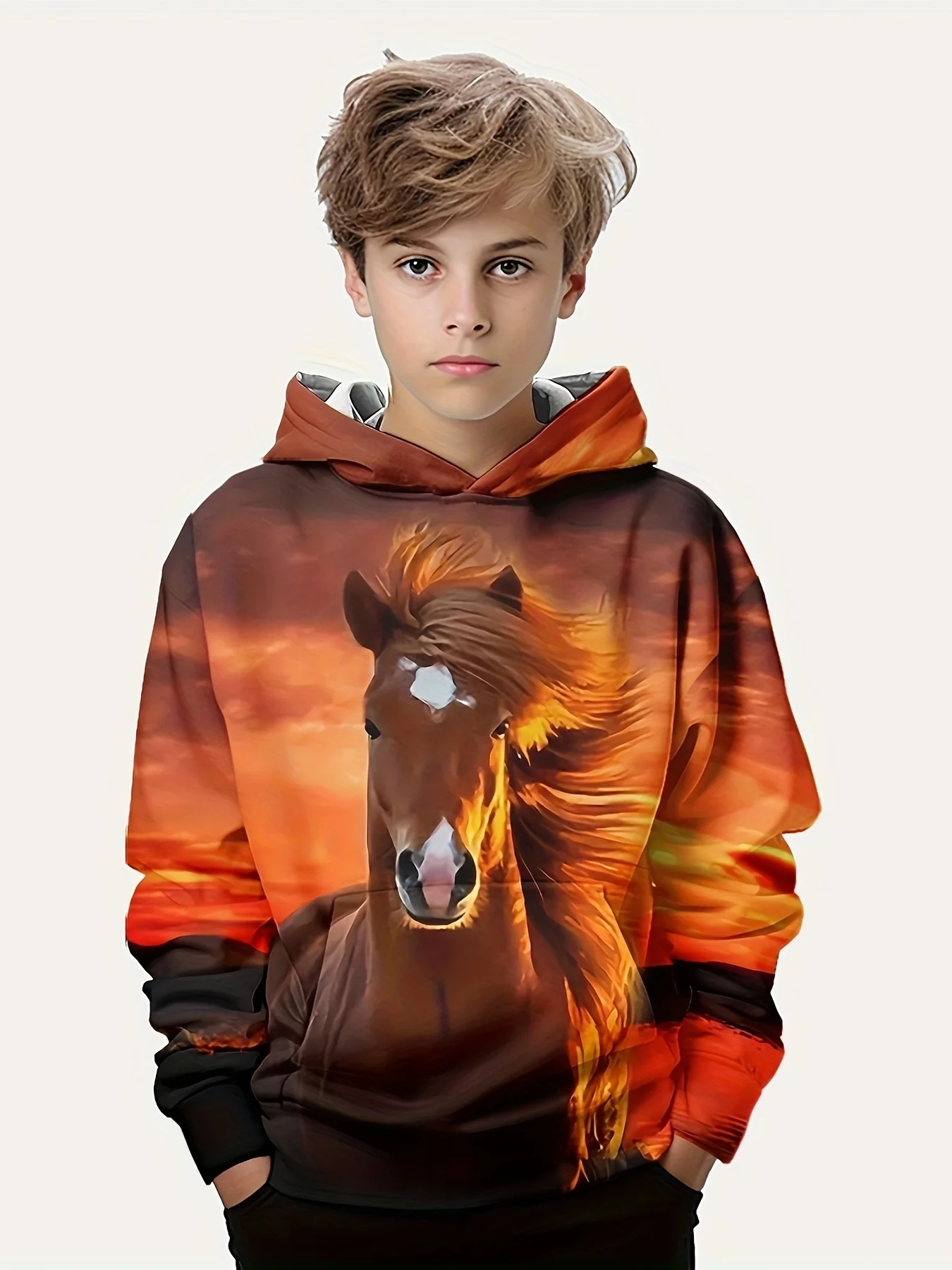 2024 Horse Graphic 3D Printed Hoodies For Girls Boys Casual Pullover Long Sleeve Hoodie Boy Girl Sweatshirt For Kids Hoodie Tops