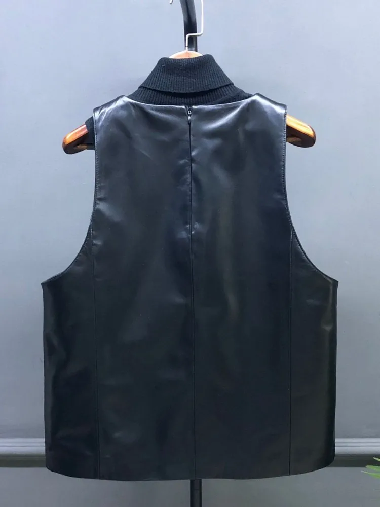 Office Ladies Pocket Genuine Leather Vest Solid Color V-Neck Zipper Handmade Waistcoats Loose Sleeveless Sheepskin Vests