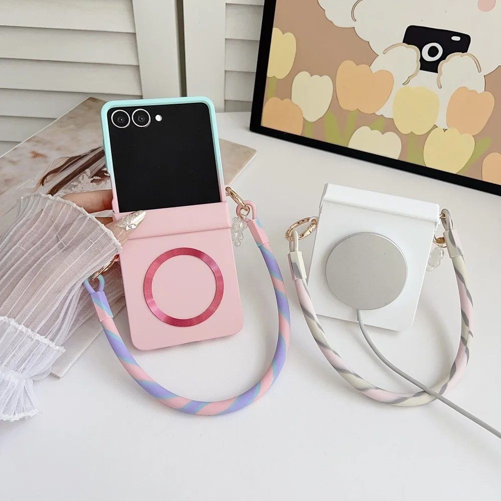 المفصلي حماية ماتي المغناطيسي قضية الهاتف لسامسونج غالاكسي Z Flip7 الوجه 7 5 4 3 Zflip6 التدرج لون الحلوى شريط للرسغ غطاء #5