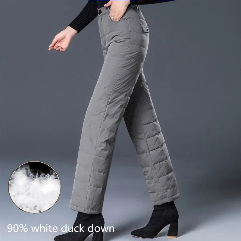 High Waist Down Pants Waterproof Polyester Winter Woman Outdoor Two-sided Thicken Warm White Duck Filling Wide Leg Trousers