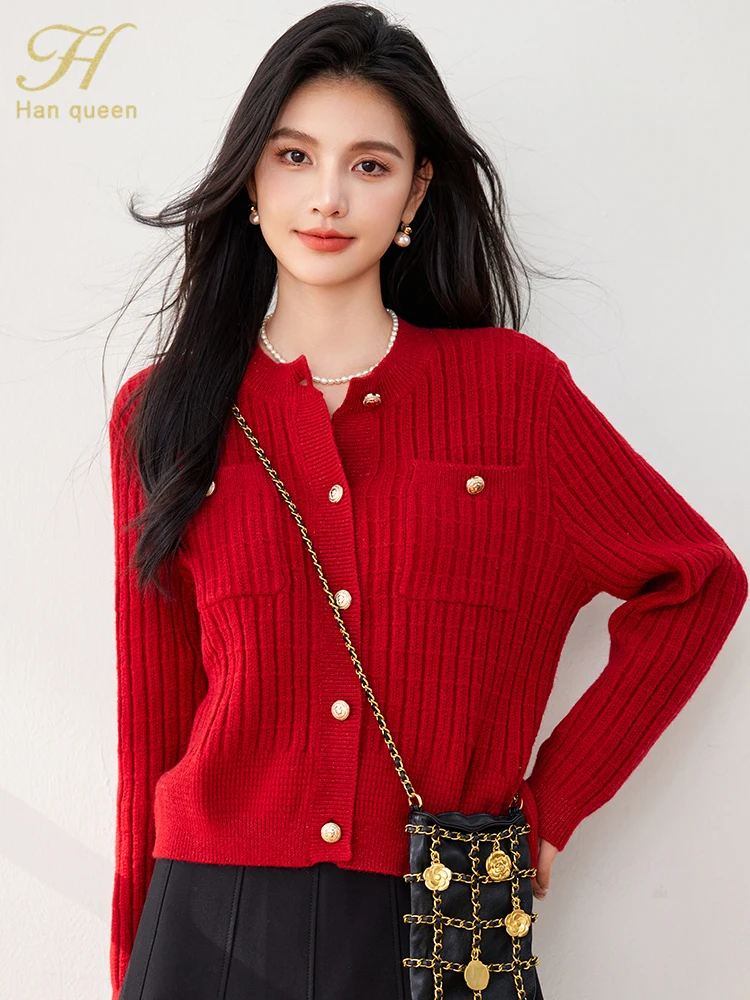 H Han Queen Autumn Winner Loose Long Sleeve Top Christmas Sweaters Elegant Simple Vintage Casual knitted Cardigan Sweater Female