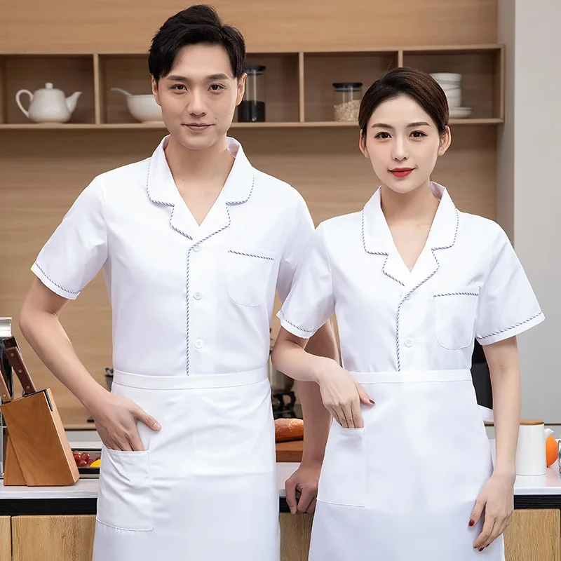 Veste de Chef d'été à manches courtes pour femmes, respirante, col rabattu, vêtements de travail de Chef, uniforme de cuisine de cantine, restauration, travail d'hôtel