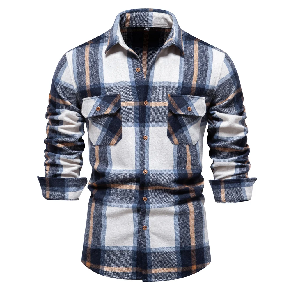 2023 New Autumn and Winter Thicken Plaid Shirt for Men Over Jacket Men Casual Classic Double Pockets Mens Shirts