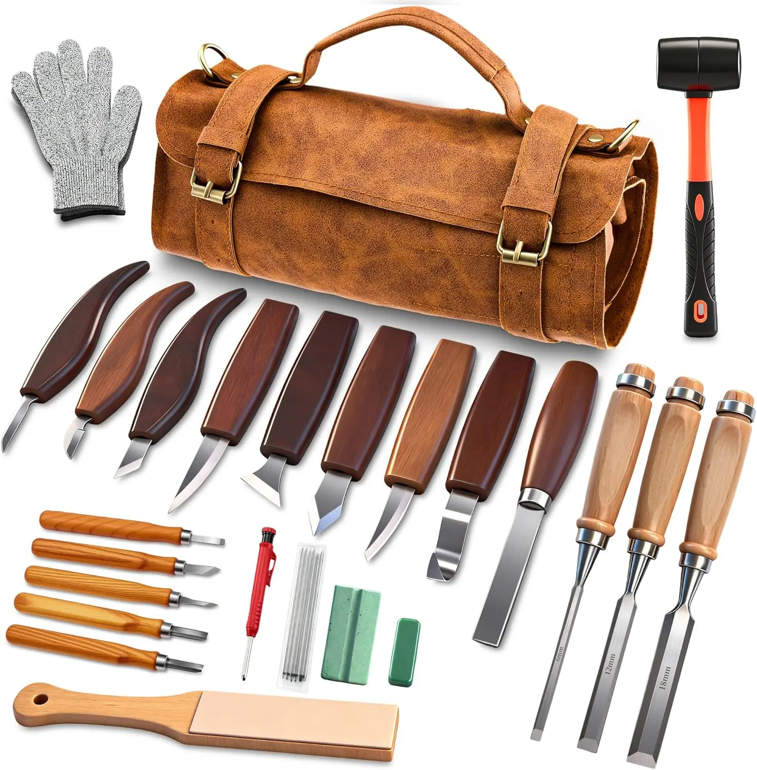 

Deluxe Wood Carving Kit, 25 Piece Tools with Leather Storage Bag for Beginners and Enthusiasts DIY Hobbies
