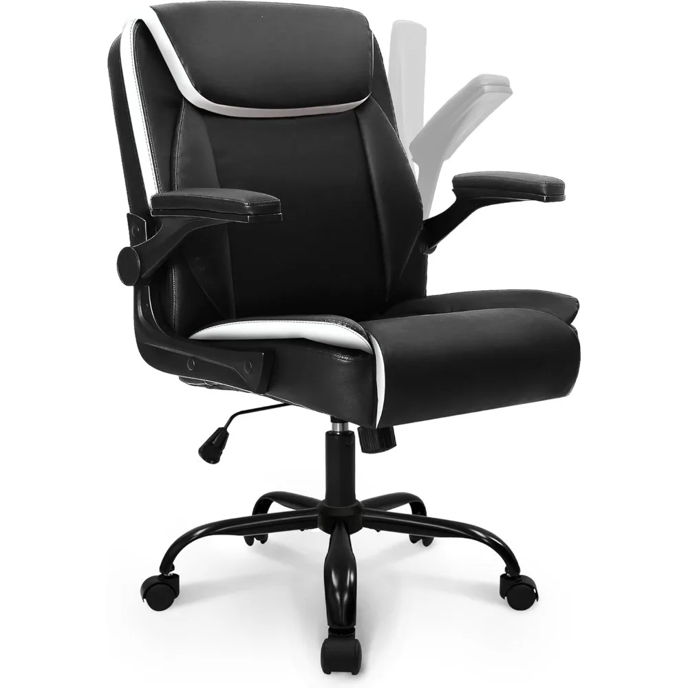 Ergonomic Mid-Back Leather Desk Chair with Adjustable Flip-Up Arms Cushion Wheels Swivel for Home Study Task Black White