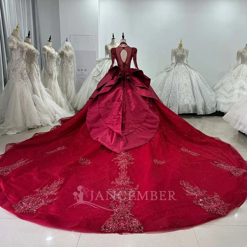 Luxury Handmade Neck Red Wedding Dress With Train Lace Flower Bridal Dress Elegant Ball Gown Robe De Mariee Customized XS127
