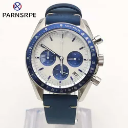 Men's casual sports quartz watch VK63 movement multifunction three eyes chronograph blue leather strap men's clock gift