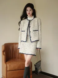 Ensemble deux pièces en tweed coréen de haute qualité, veste à manches longues et mini jupe trapèze, olympiques de style tenue vintage, créateur de luxe, printemps