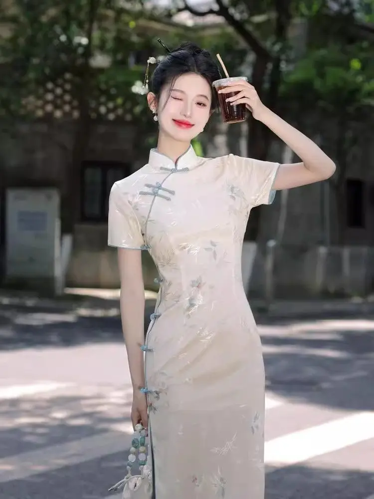 Novo estilo chinês diário de comprimento médio cheongsam vestido elegante verão melhorado jovem feminino qipao vestido
