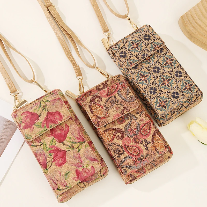 

6 шт. кошелек из пробковой кожи с национальным принтом в стиле ретро, вертикальная модель, сумка через плечо для телефона