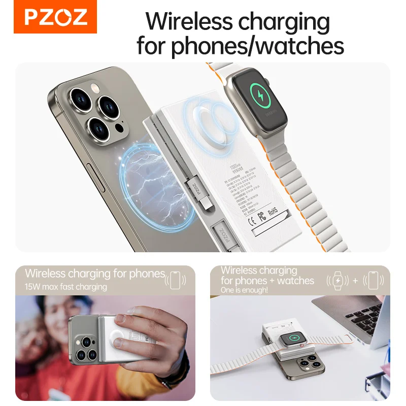 PZOZ 10000mAh Mag-Safe Power Bank Type C QC PD Fast Charging Powerbank With Holder For iPhone 15 14 13  iWatch Wireless Charger