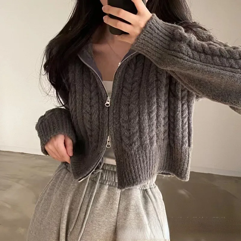 Neploe Harajuku Sweet Double Zipper Tops Womnen Y2k Vintage Crop Top Sweaters Mujer Long Sleeve Loose Knitted Cardigan