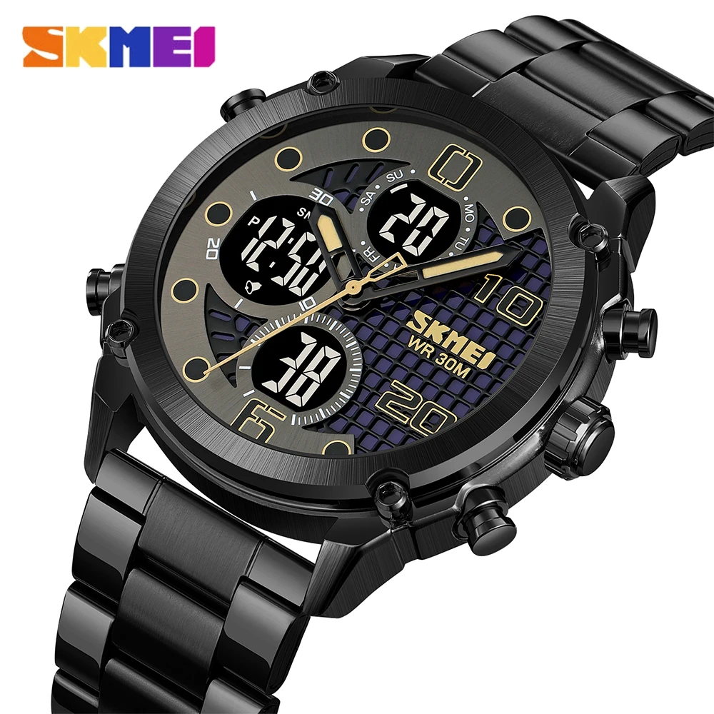 

SKMEI Big Dial Watch Men Business Black Stainless Steel Dual Display Quartz Wristwatch Creative Dial Digit Watches for Male