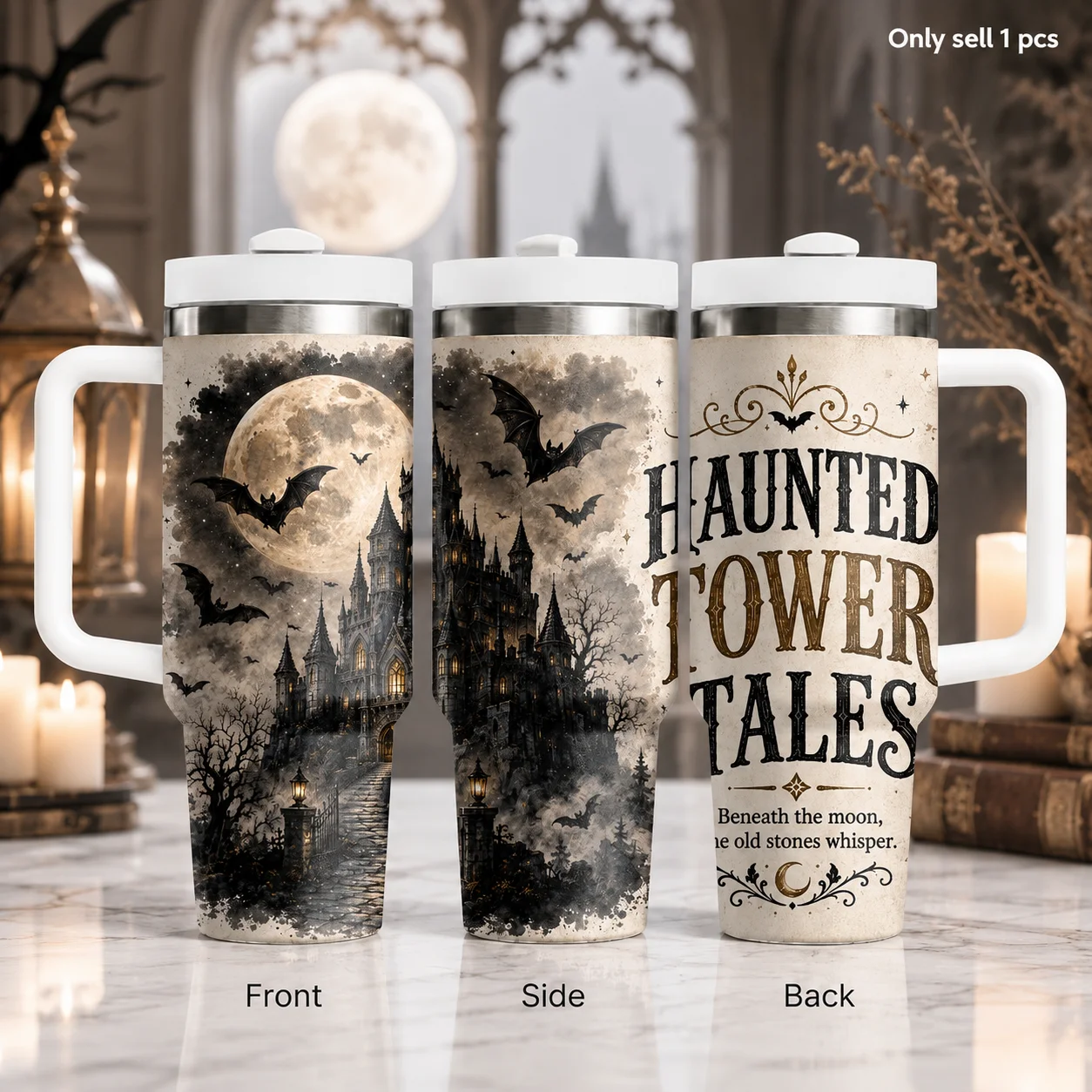 Haunted Tower Halloween Tales Vacuum Flasks 40oz Stainless Steel Insulated Tumbler With Handle & Straw Leakproof Travel Mug
