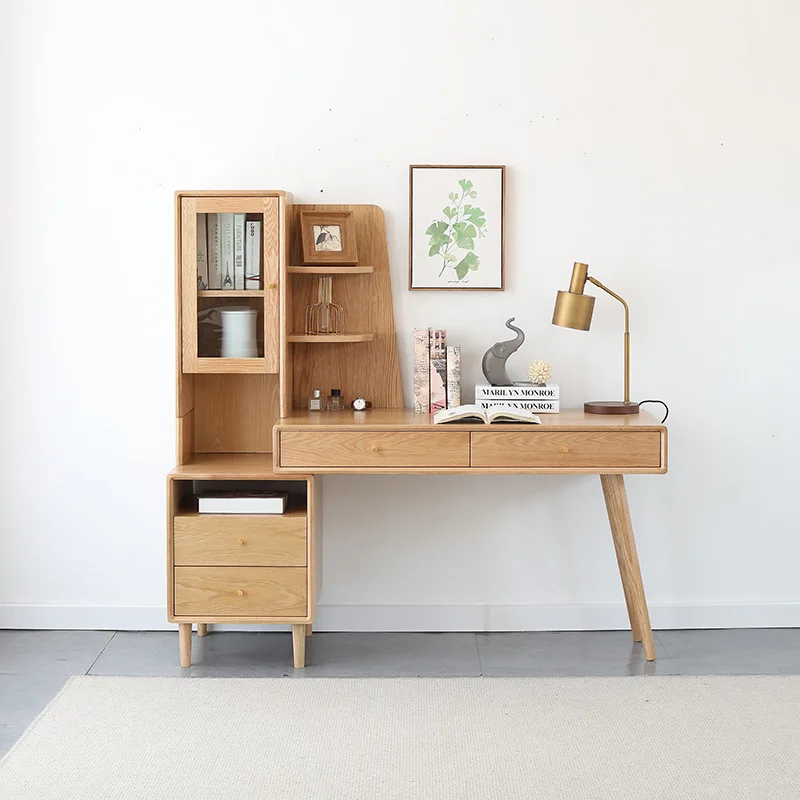 

Nordic style creative desk bookshelf combination integrated study table simple solid wood study Prague retractable desk