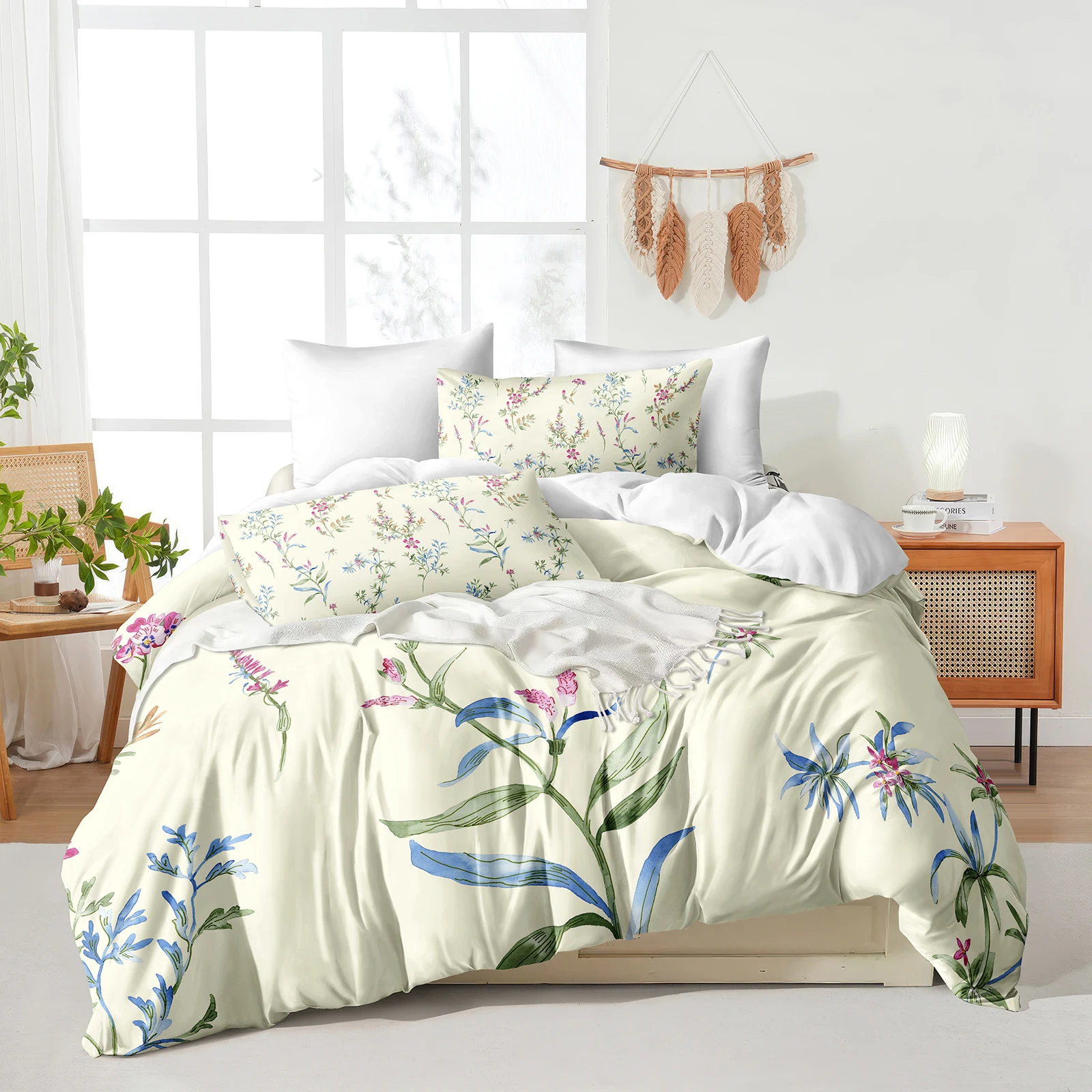 Cream Floral Comforters Quilt Botanical Bedding Set Pink Blue Flower Print Bedding Set Vintage Bedding Soft European Bed Set