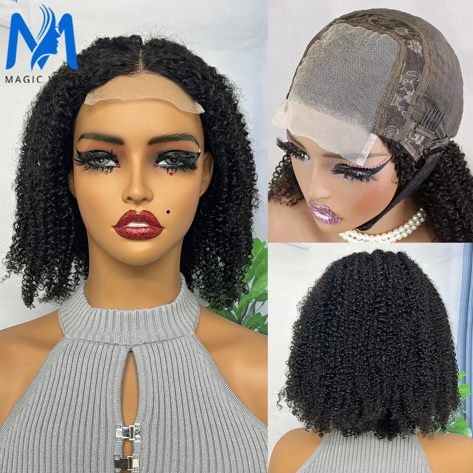 4x4 Lace Closure Bob Human Hair Wig 300% Density Afro Kinky Curly Wig 12-16 Inches Brazilian Bob Wig for Black Women PrePlucked