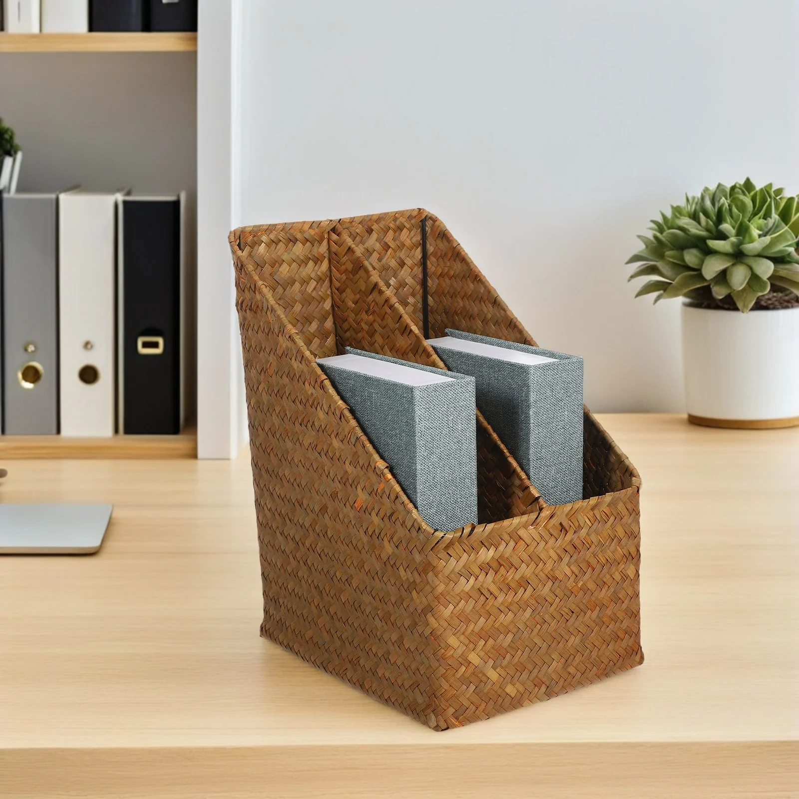 سلة تخزين سطح المكتب المنسوجة منظم مستندات على الطراز العتيق لمكتب غرفة النوم وغرفة المعيشة وغرفة الحرف اليدوية تستخدم صندوق عرض ريفي #2
