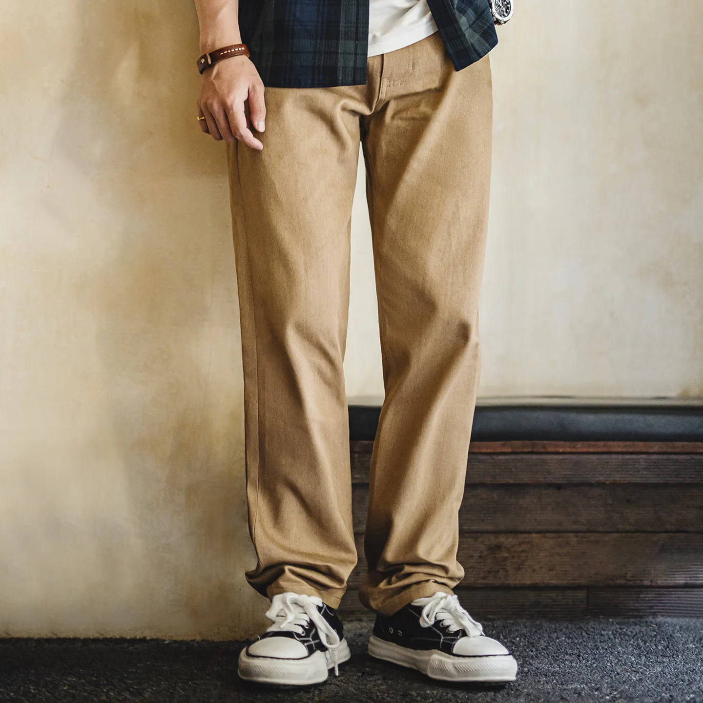 Maden Men’s Vintage 11.7oz Selvedge Raw Jeans Khaki Straight-Leg Cotton Cowboy Pants Casual Zip Fly Trousers for Spring Autumn